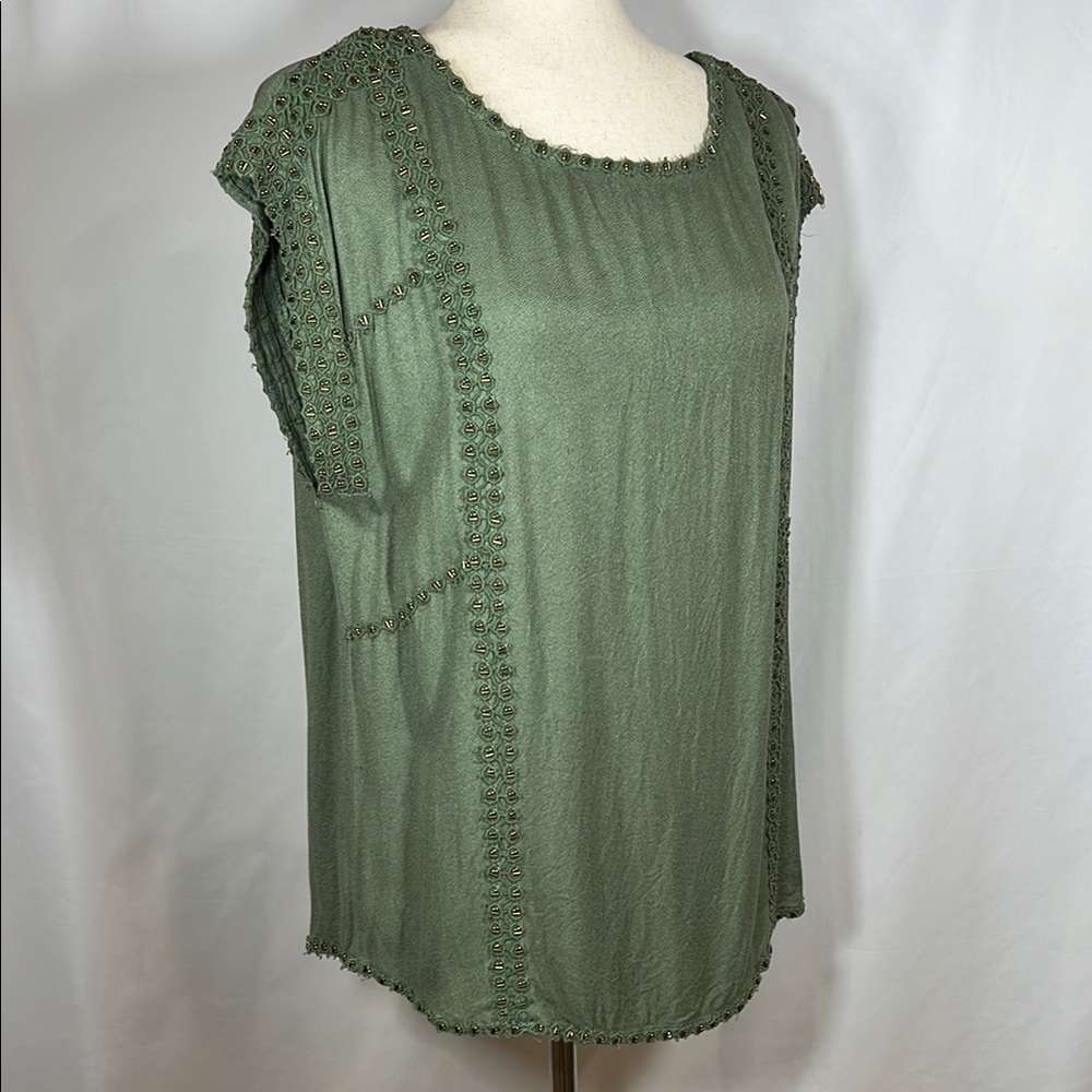 KUT From the Cloth Elegant Green Gold Bead Trim Top Size L